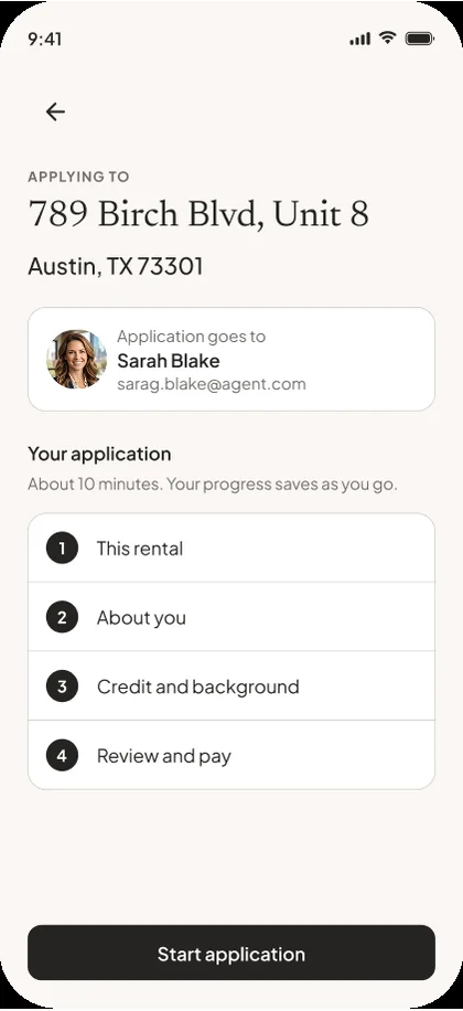 After: the redesigned application start, with the agent, four clear sections and time to complete.