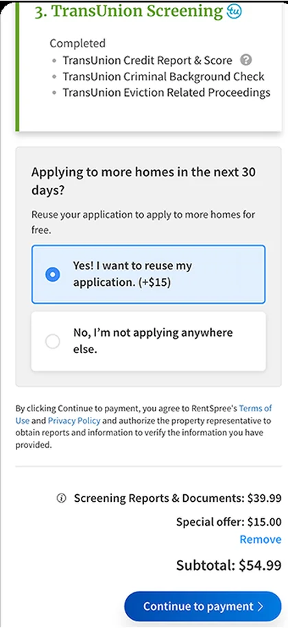 Before: the original application step, with a reuse upsell and payment summary.